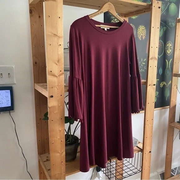 Johnny Was Calme Burgundy Red Flute Sleeve Pom Pom Swing Dress Small - Picture 3 of 14